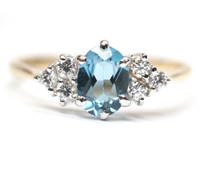 9ct gold blue Topaz & Cubic Zirconia ring - Birmingham 1991 - size P or US 7 1/2
