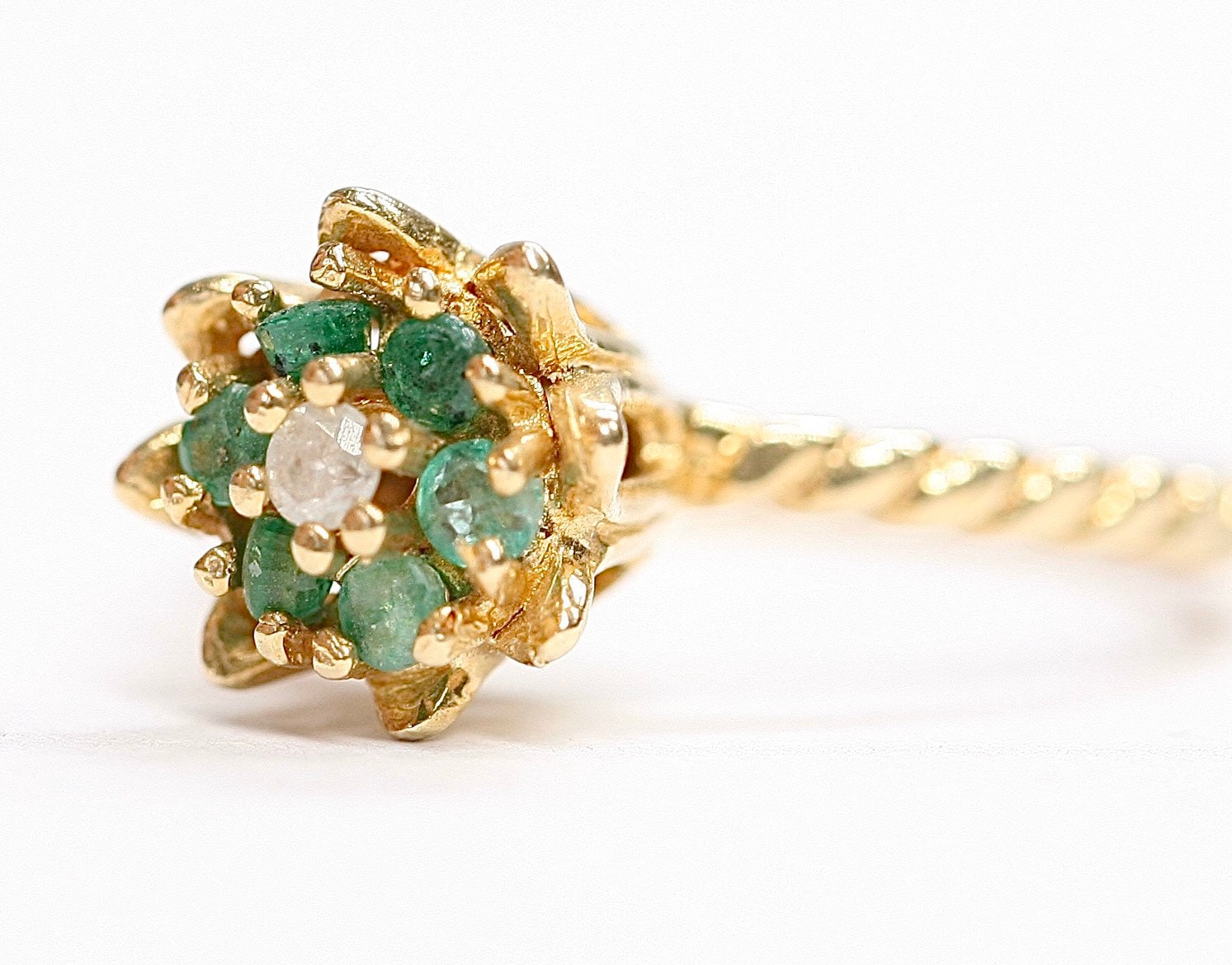 Stunning unusual vintage 14ct Emerald & Diamond tulip statement ring ...