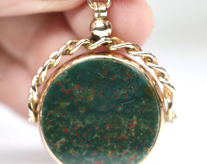 Large heavy antique 9ct rose gold Bloodstone spinning fob pendant - Chester 1918 - 13.6gms