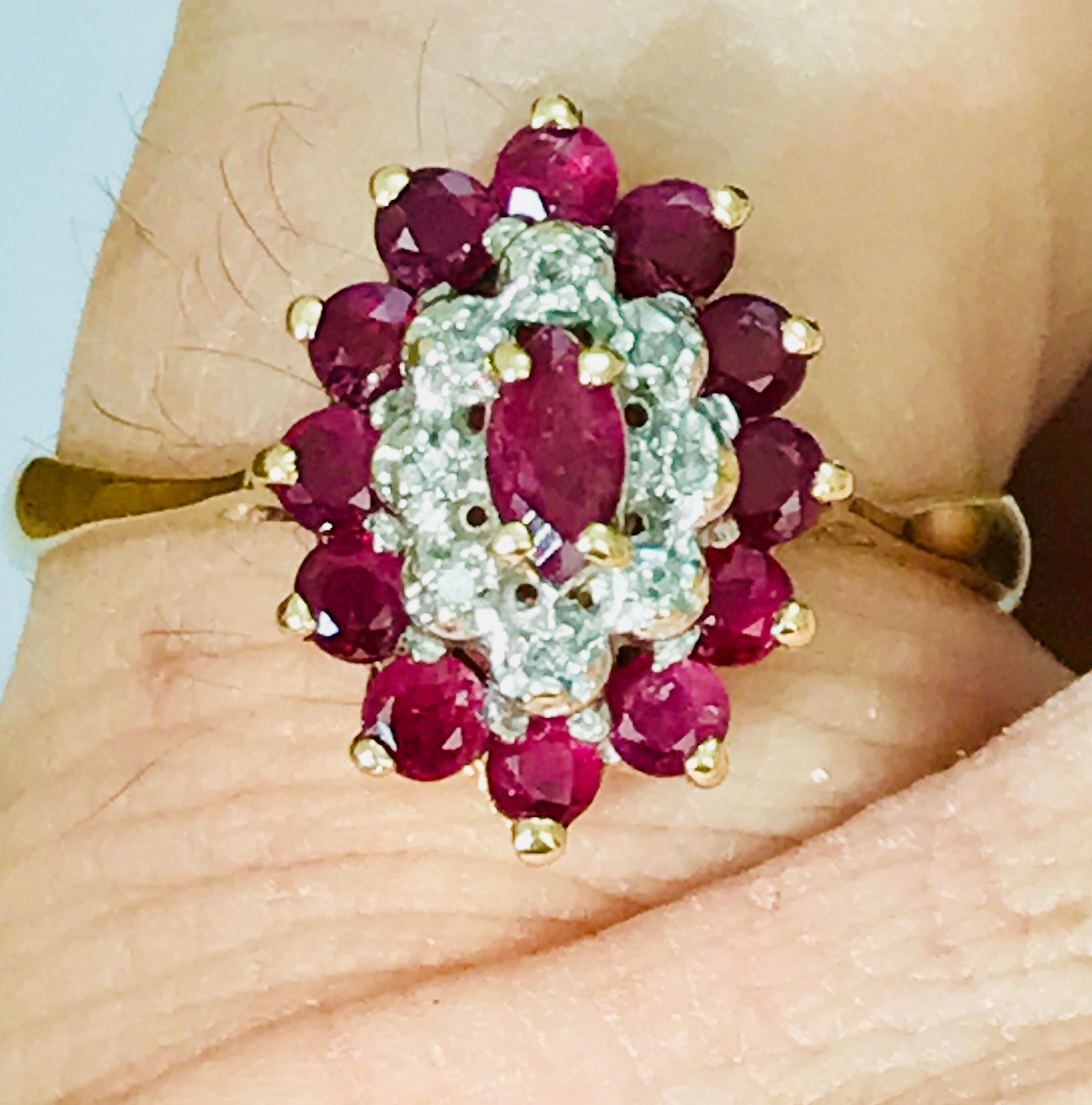 Stunning large size vintage 9ct gold Ruby and Diamond cluster ring