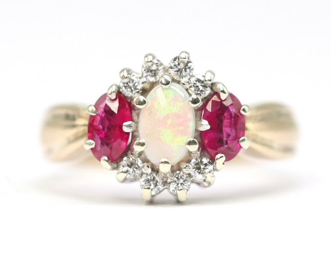 Superb 9ct gold Opal, Ruby & Diamond ring - size L or US 5 1/2 - E33