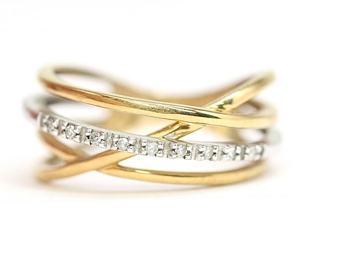 Superb 9ct white and yellow gold diamond multi strand ring - size M 1/2 or 6 1/4
