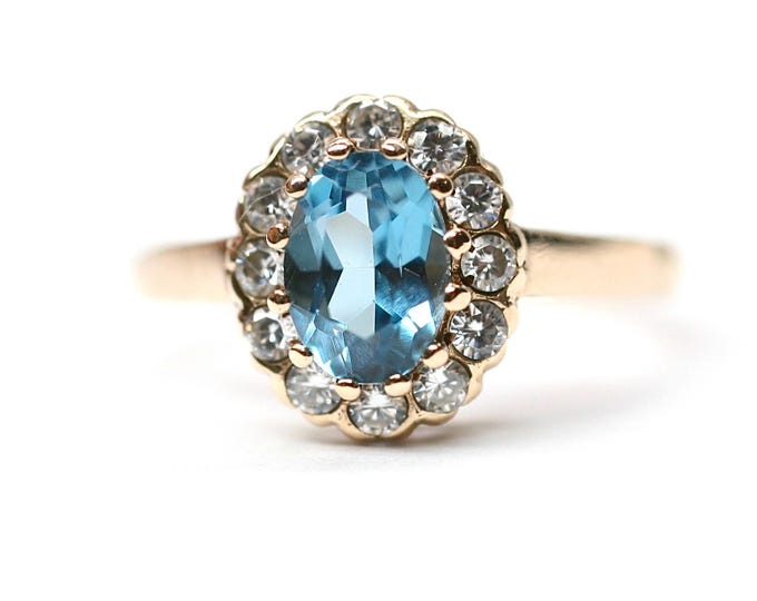 9ct gold blue Topaz & Cubic Zirconia ring - London 1975 - size M or US 6