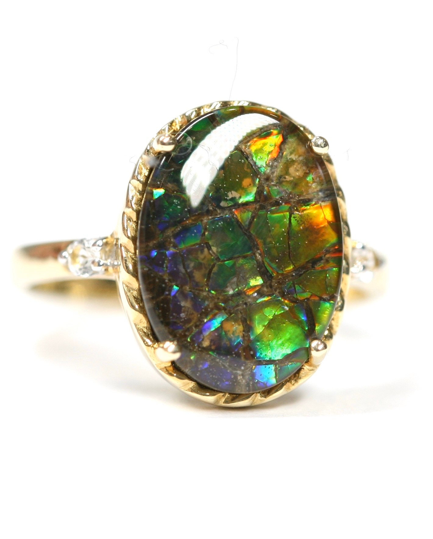 Beautifully coloured 9ct gold Ammolite statement ring fully