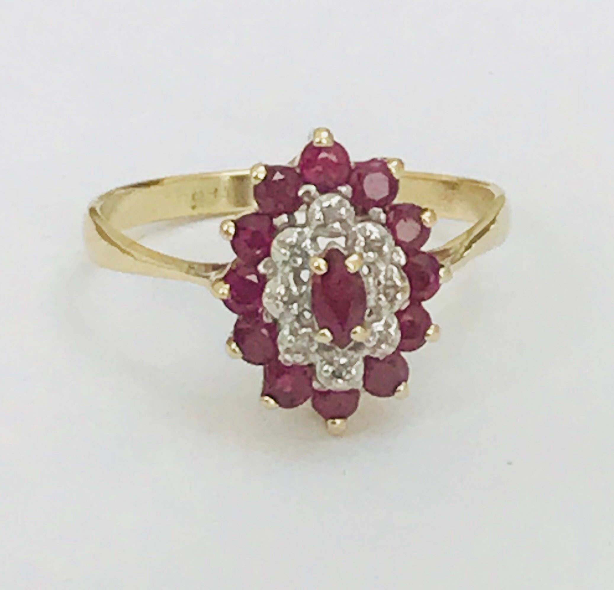 Stunning large size vintage 9ct gold Ruby and Diamond cluster ring