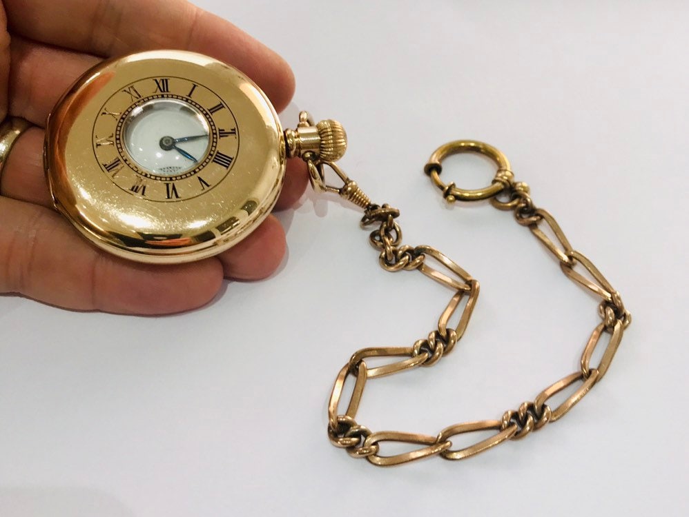 Superb antique Gold plated Half Hunter pocket watch & chain in full