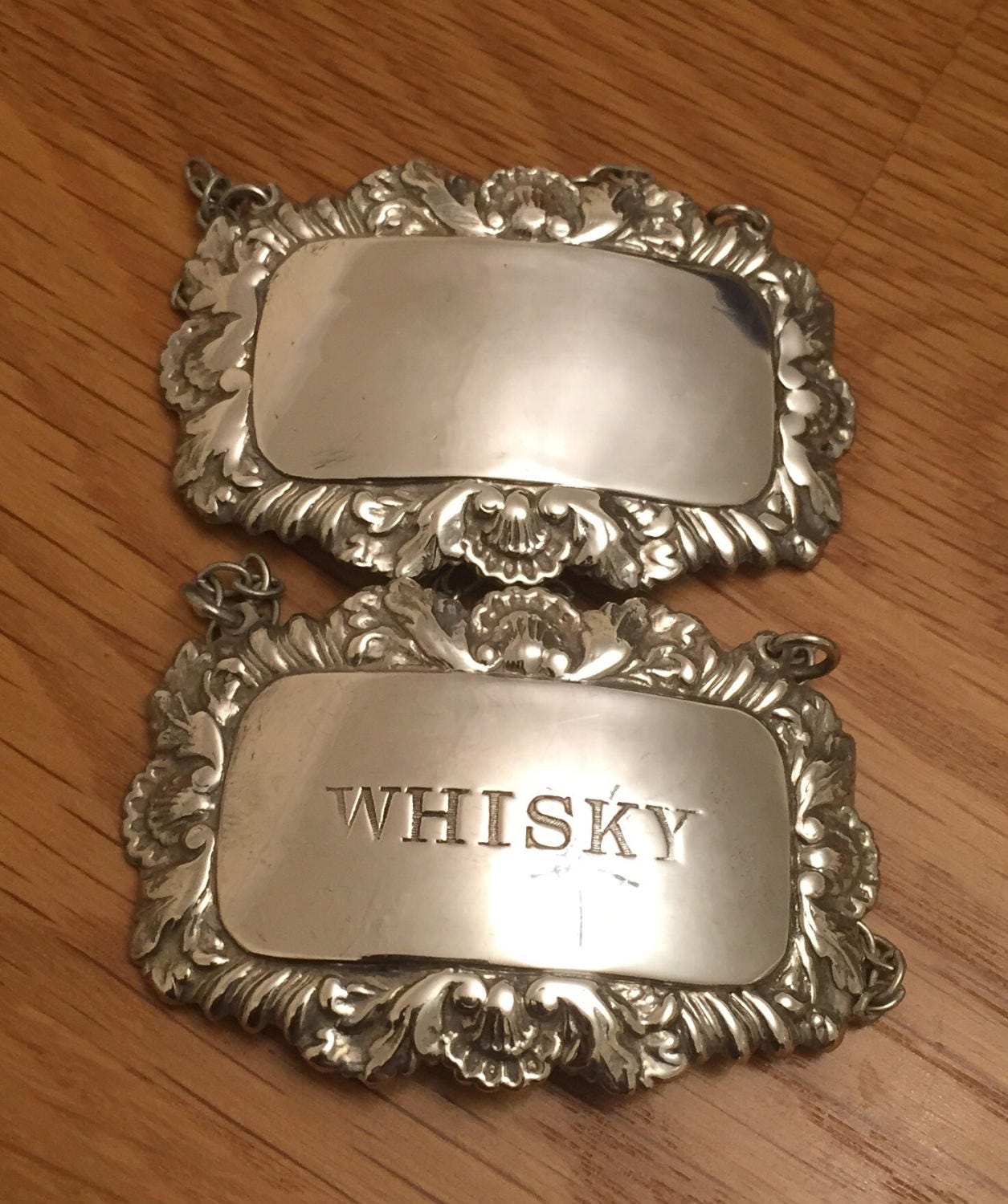 Matching pair of vintage Sterling silver decanter labels 1979