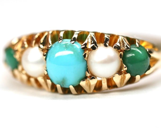 Edwardian 18ct gold Turquoise and Pearl ring - hallmarked Birmingham 1902 - size O or US 7