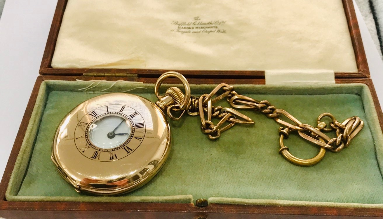 Superb antique Gold plated Half Hunter pocket watch & chain in full