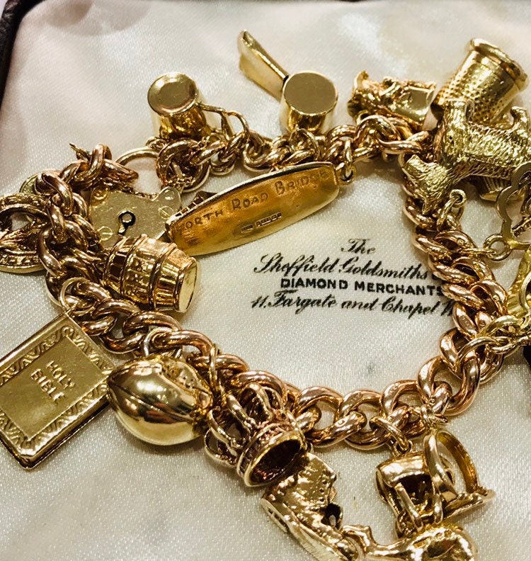 Superb heavy antique 9ct rose gold charm bracelet with 20 vintage gold ...