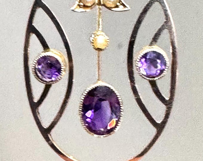 Stunning antique Art Nouveau 17 1/2 inch 9ct rose gold Amethyst and seed Pearl pendant necklace