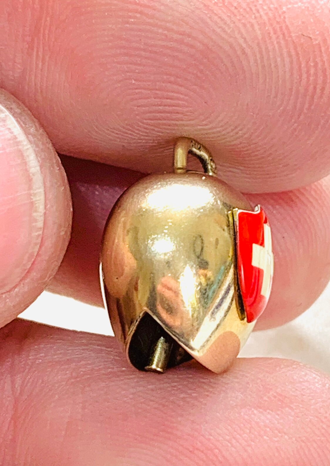 Stunning vintage 9ct gold enamelled Swiss cow bell charm fully hallmarked