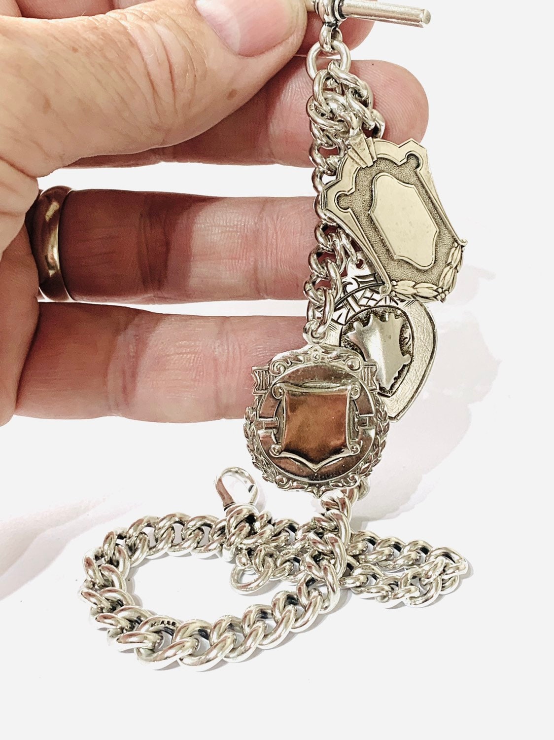 Superb heavy antique Victorian sterling silver graduated Albert pocket