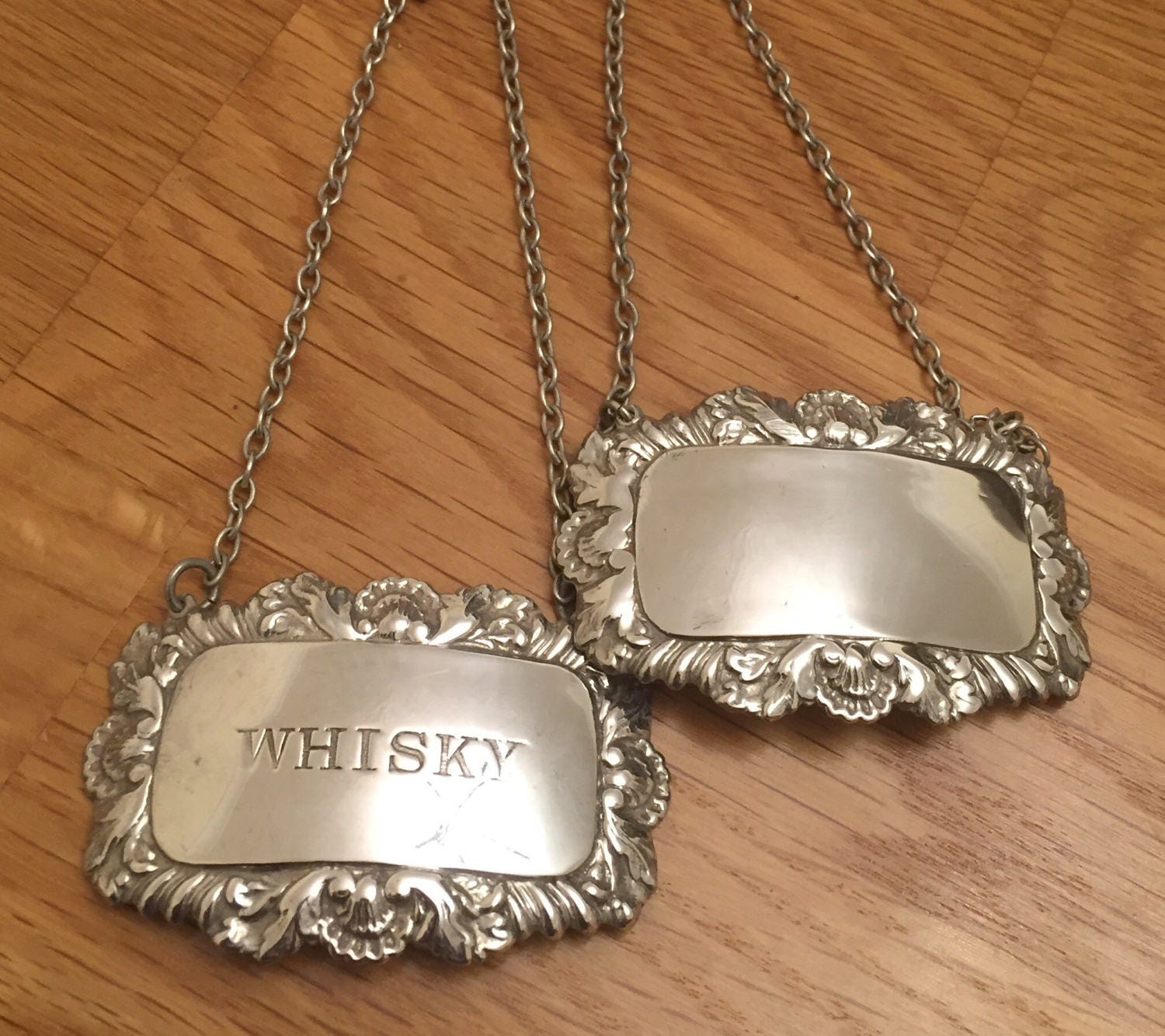 Matching pair of vintage Sterling silver decanter labels 1979