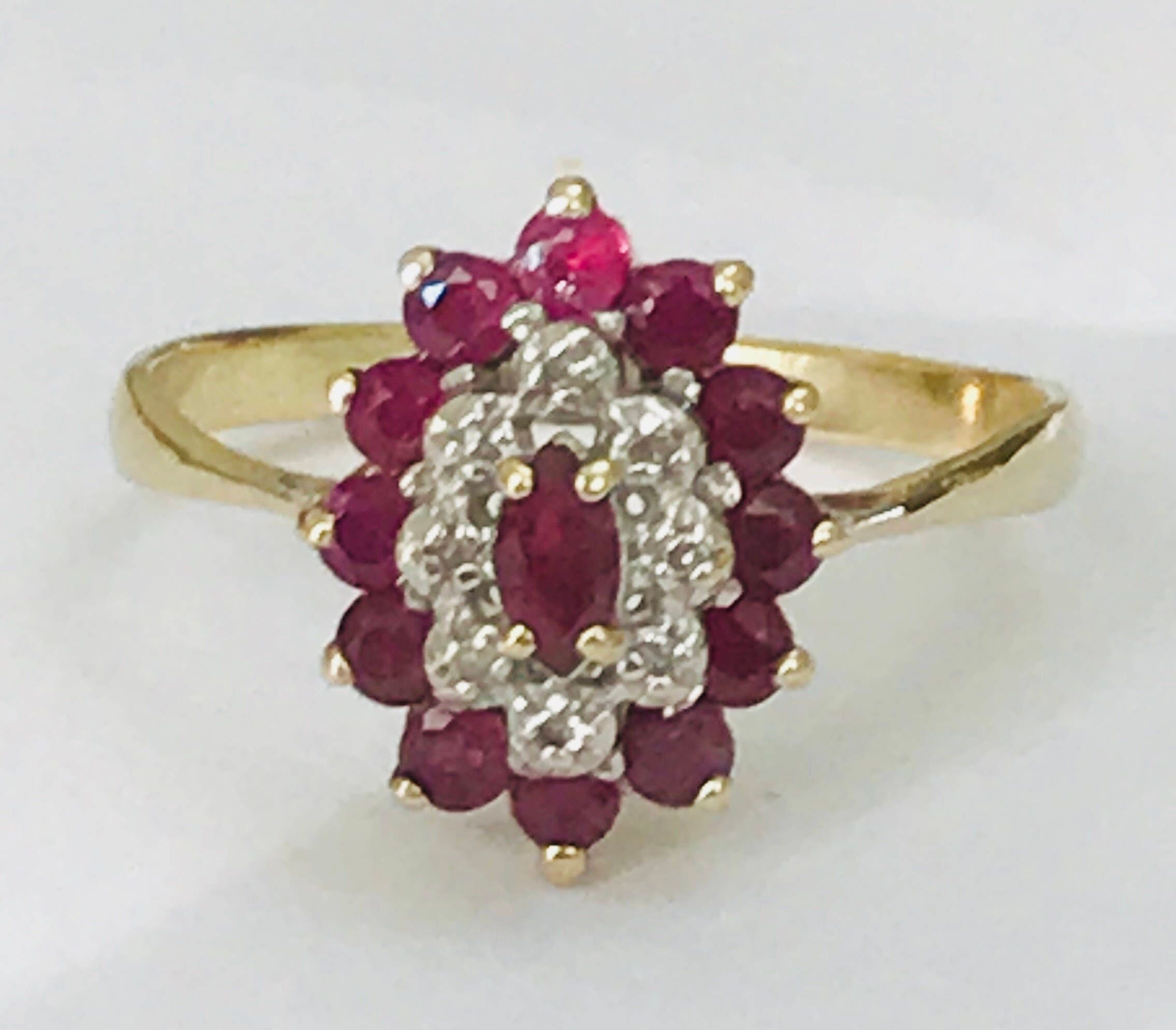 Stunning large size vintage 9ct gold Ruby and Diamond cluster ring