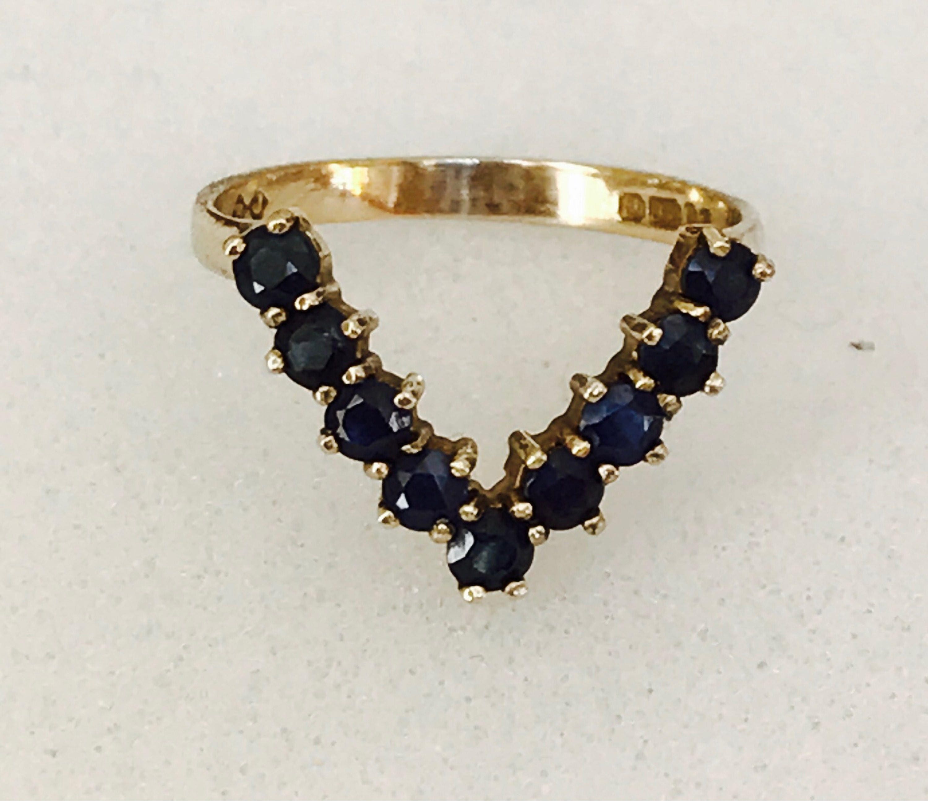 Stunning vintage 9ct gold blue sapphire wishbone ring - Birmingham 1976