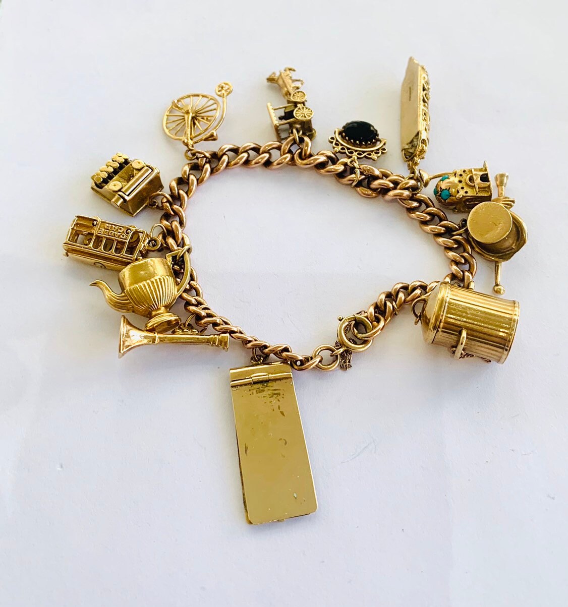 Stunning heavy antique 9ct rose gold bracelet with 12 vintage gold