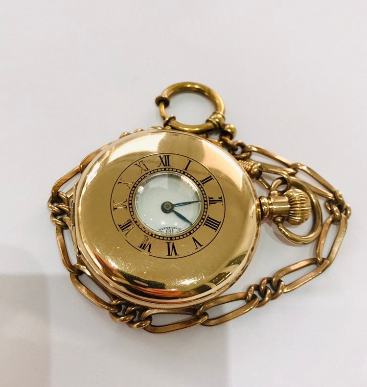 Superb antique Gold plated Half Hunter pocket watch & chain in full