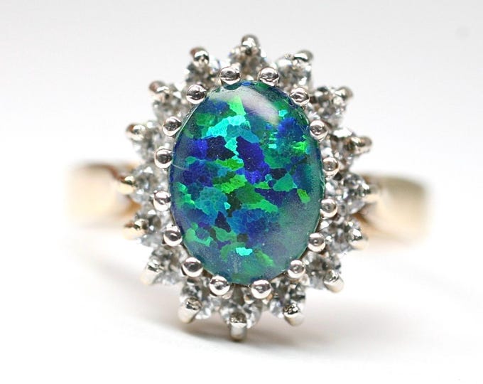Vintage 9ct gold Opal doublet and Cubic Zirconia ring - fully hallmarked - size N or US 6 1/2
