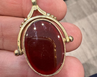 Vintage 9ct Gold Carnelian Bloodstone Spinning Fob Pendant - 9.4gms