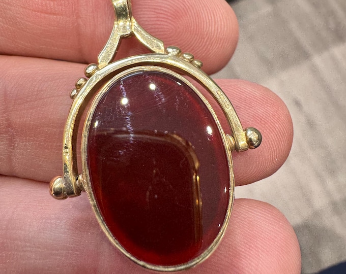Vintage 9ct Gold Carnelian Bloodstone Spinning Fob Pendant - 9.4gms