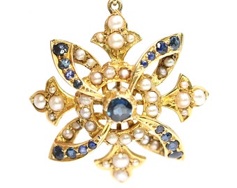Beautiful Edwardian 15ct gold Sapphire and Pearl pendant