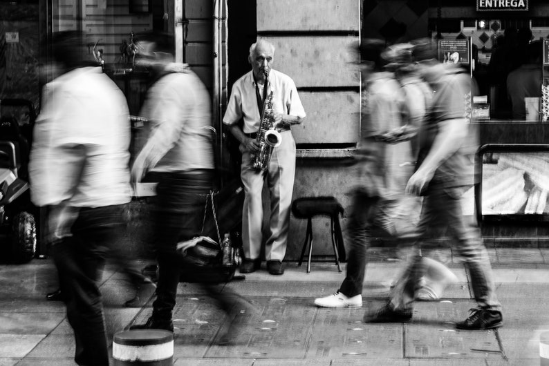 Saxophone Centro Urban Fine Art CDMX Wall Print Black and White Street Photography Musician Office Kitchen Home Decor Mexico City