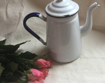 Vintage Swedish White & Navy Blue Enamel Coffeepot