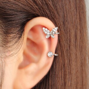 Ear cuff no piercing, non pierced, ear jacket gold, cubic zirconia, ear cuff silver, ear crawler, no pierce, CZ ear jacket, butterfly, gift