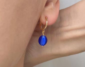 Royal Blue Cat Eye Clip On Earrings, Gold Hoop Clip On Earrings, Non Pierced Earrings, Dainty Dangle Clip Ons, No Pierce Earrings, NF67