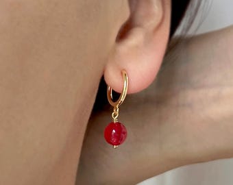 Red Jade Clip On Earrings, Gold Hoop Clip On Earrings, Non Pierced Earrings, Dainty Dangle Clip Ons, No Pierce Earrings, NF62
