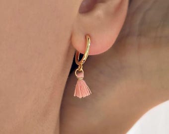 Pink Tassel Clip On Earrings, Gold Hoop Clip On Earrings, Non Pierced Earrings, Mini Tassel Earrings, No Pierce Earrings, NF60