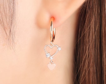 Heart, clip on, earring, no piercing, dangle, dainty, minimal, non pierced, earrings, clip ons, cubic, clipon, CZ, rose gold, silver, gift