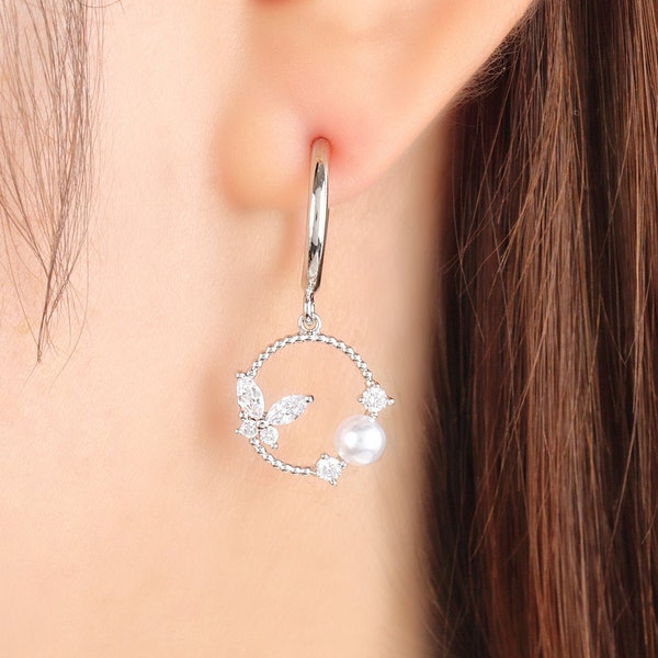 Butterfly Clip On Earrings, Cubic Zirconia Pearl Dangle, Non Piercing