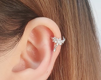 Cartilage ear cuff, floral, helix ear cuff, leaf, no piercing, non pierced, cubic zirconia, cartilage earring, rose gold, no pierce, silver