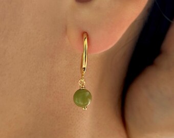 Olive Green Chalcedony Clip On Earrings, Hoop Clip On Earrings, Gold Non Pierced Earrings, Minimalist Clip On, Chalcedony Earrings, NF49