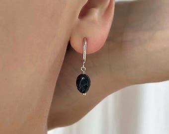 Black Onyx Clip On Earrings, Silver Hoop Clip On Earrings, Non Pierced Earrings, Dainty Dangle Clip Ons, No Pierce Earrings, NF63