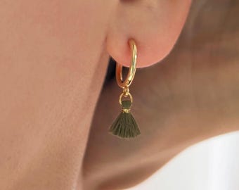 Clip On Hoop Earrings, Khaki Tassel Earrings, Non Pierced Earrings, Gold Hoop Clip On Earrings, No Pierce Earrings, NF61