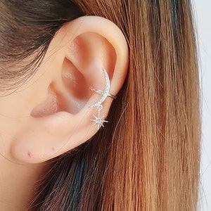 Ear cuff no piercing, crescent moon ear cuff, star burst ear cuff, cartilage earring, non pierced, cubic zirconia, fake piercing, no pierce