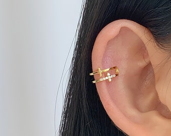 Cartilage earring, cross ear cuff, cross earring, ear cuff no piercing, non pierced, cubic zirconia, earcuff, no pierce, rose gold, black