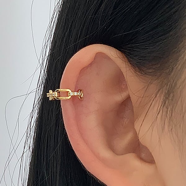 Cartilage earring, chain link ear cuff, ear cuff no piercing, non pierced, cubic zirconia, earcuff, no pierce, rose gold, brass, nickel free