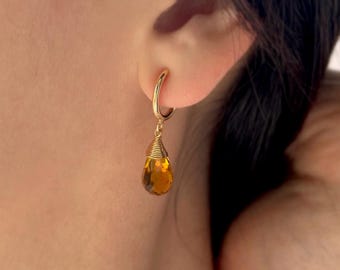 Gold Hoop Clip On Earrings, Amber Crystal Teardrop Charms, No Piercing, NE204