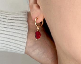 Non Pierced Huggie Earrings Red Glass Charms Invisible Hoop Clip On Gold Plated, R-G