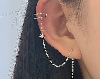 Threader with cuff, sterling silver, fake cartilage, chain earrings, ear cuff, chain threader earrings, minimalist, rose gold, starburst