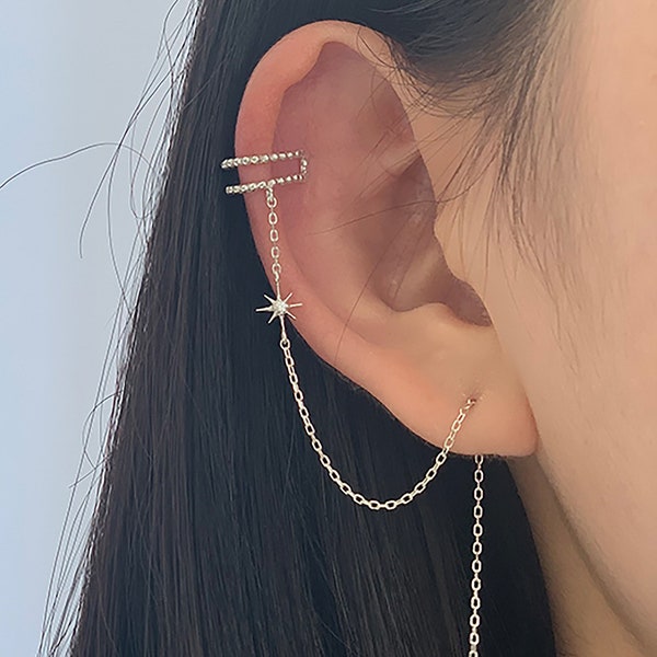 Threader with cuff, sterling silver, fake cartilage, chain earrings, ear cuff, chain threader earrings, minimalist, rose gold, starburst