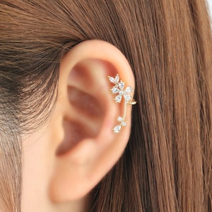 Boucle d'oreille sans piercing, non percée, cache oreilles, oxydes de zirconium cubiques, boucle d'oreille, sans perçage, CZ, embout d'oreille, bijou d'oreille fleur, strass, or, cadeau