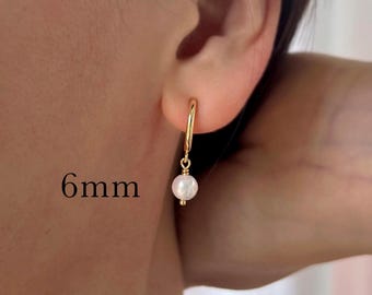 Clip On Pearl Earrings, 6mm Shell Pearl Gold Hoop Clip On Earrings, Minimalist Wedding Jewelry, Non Pierced, NF51