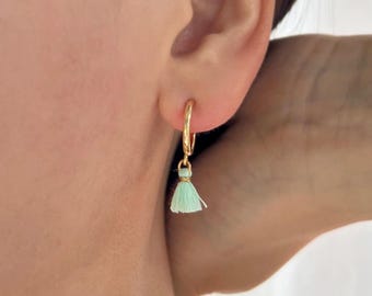 Mint Tassel Clip On Earrings, Gold Hoop Clip On Earrings, Non Pierced Earrings, Mini Tassel Earrings, No Pierce Earrings, NF59