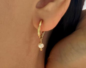Gold Hoop Clip On Earrings, Twisted Hoop, Freshwater Pearl, Non Pierced Hoop Earrings, Wedding Clip On Earrings, Invisible Clip On, NF40