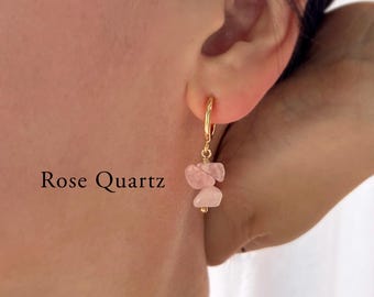 Rose Quartz Clip On Earrings, Gold Hoop Clip On Earrings, Non Pierced Earrings, Dainty Rose Quartz Dangle, No Pierce Earrings, NF48